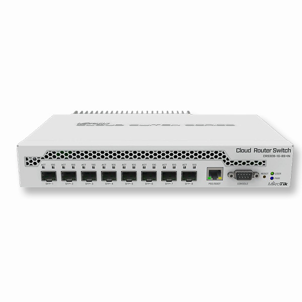 Switch de escritorio MikroTik CRS309-1G-8S+IN con un puerto Ethernet Gigabit y ocho puertos SFP+ de 10Gbps