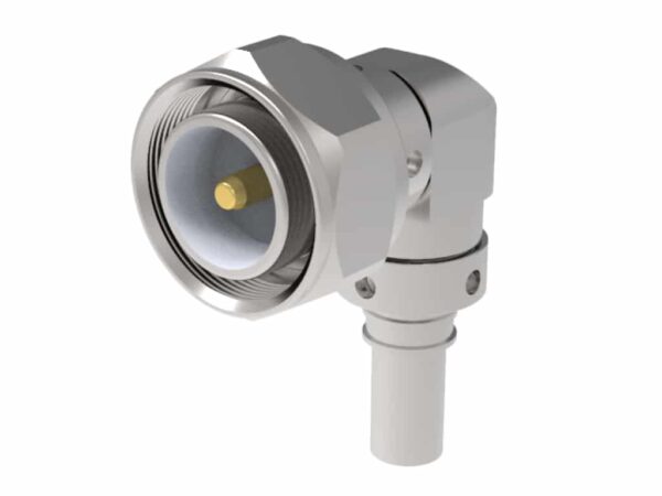 4.3/10 conector de tipo Mini DIN, ângulo reto, crimpado com “spring finger”, EZ‑240‑4310M‑RA‑X da Times Microwave System